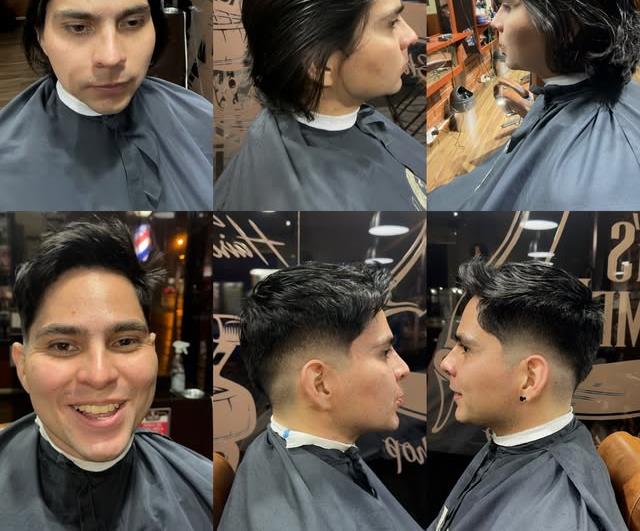 Collage real de un cambio de imagen en KingsMen: arriba el cliente con el cabello largo, abajo con su nuevo corte degradado